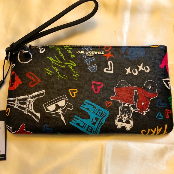 Karl Lagerfeld Paris Black & Multicolored Paris Icons Wristlet NWT - Picture 5 of 9